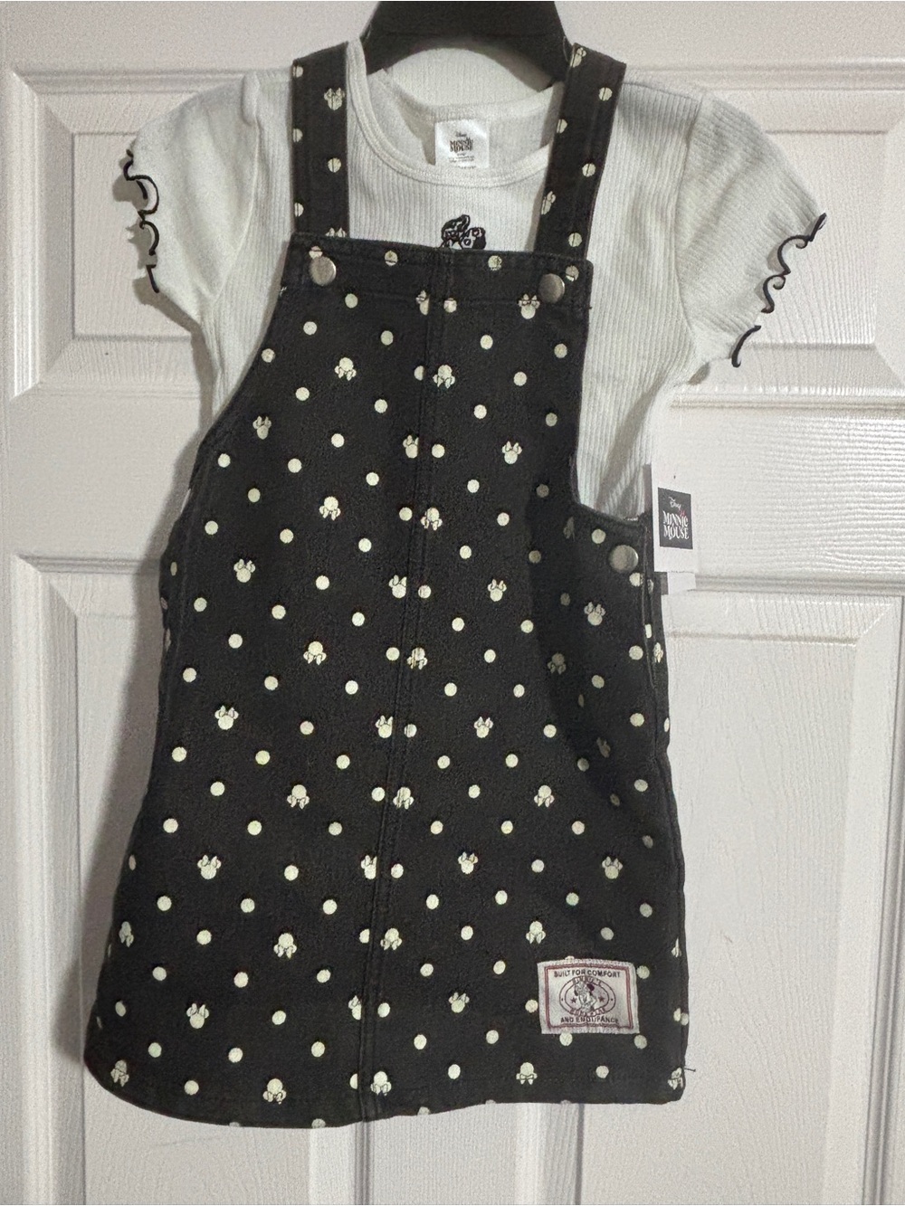 DISNEY MINNIE MOUSE black Polka Dot Pinafore Dress with Cream Dot Accents - Kids